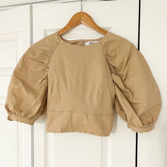 Do + Be Puff Sleeve Bow Back Poplin Top Beige Neutral Blouse Size Small EUC - Picture 3 of 7